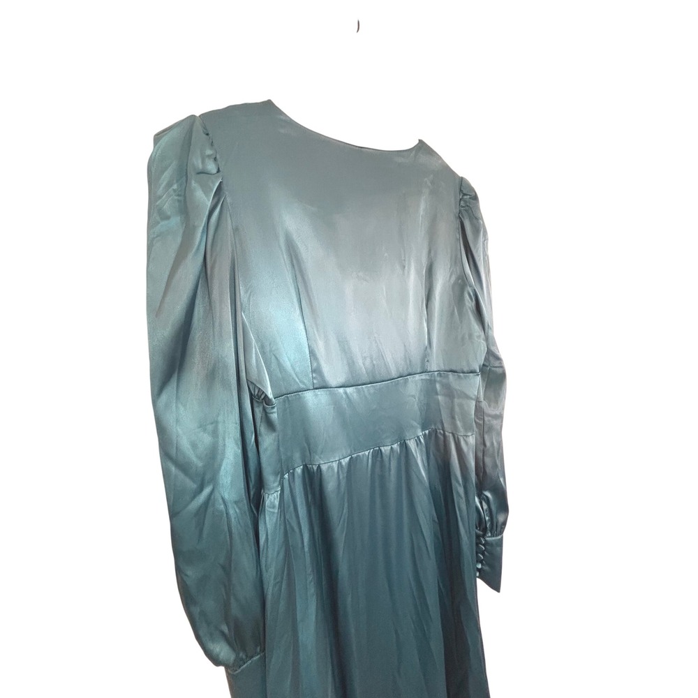 Colon Diana Teal Satin Bishop Sleeve Button Front Midi Dress Womens - Picture 14 of 16